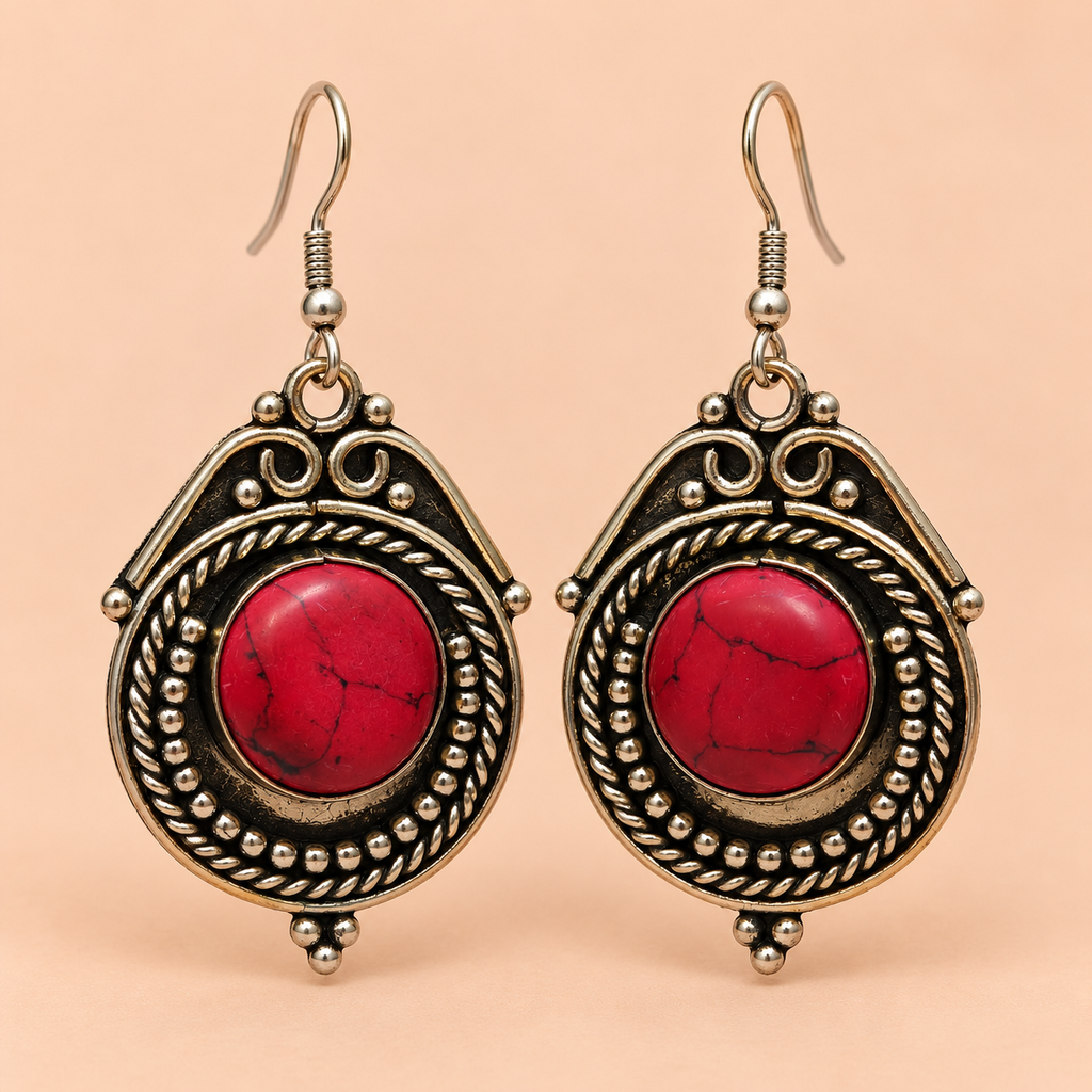Raaga Red Stone Oxidised Drop Earrings | MyJhumki