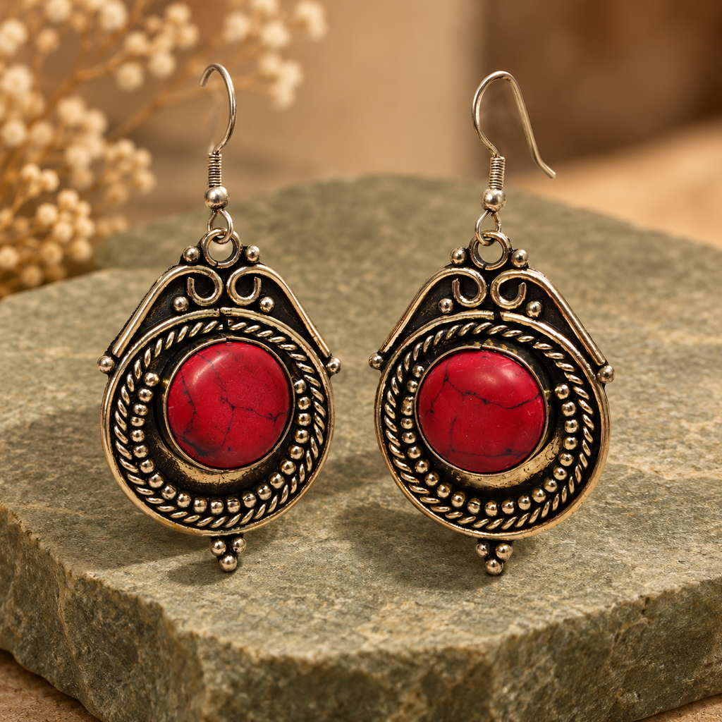Raaga Red Stone Oxidised Drop Earrings | MyJhumki