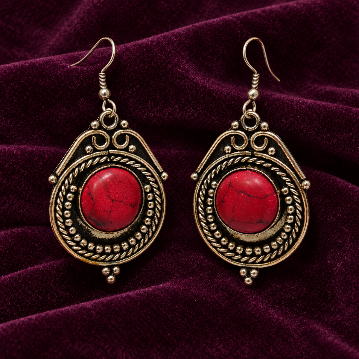 Raaga Red Stone Oxidised Drop Earrings | MyJhumki