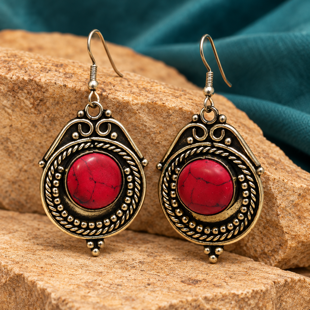Raaga Red Stone Oxidised Drop Earrings | MyJhumki