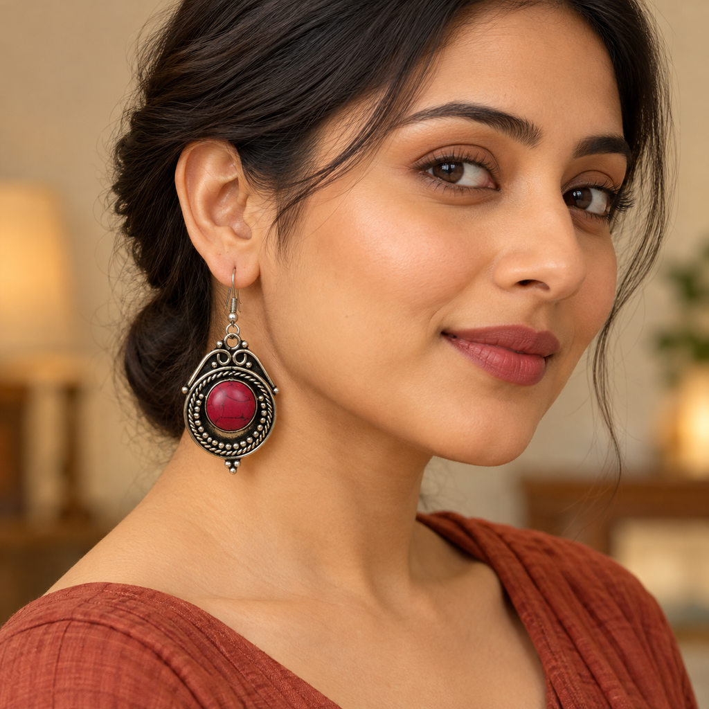 Raaga Red Stone Oxidised Drop Earrings | MyJhumki