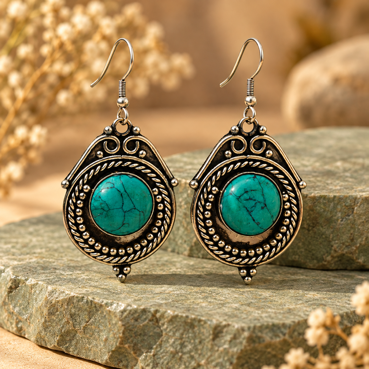 Raaga Turquoise Stone Oxidised Drop Earrings | MyJhumki
