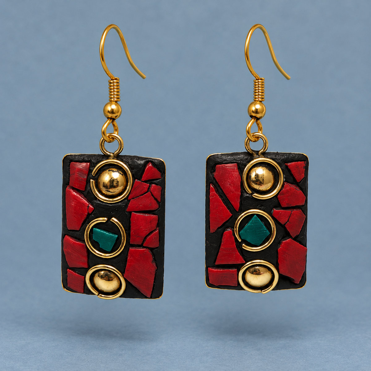 Ragini Red Mosaic Antique Rectangle Earrings | MyJhumki