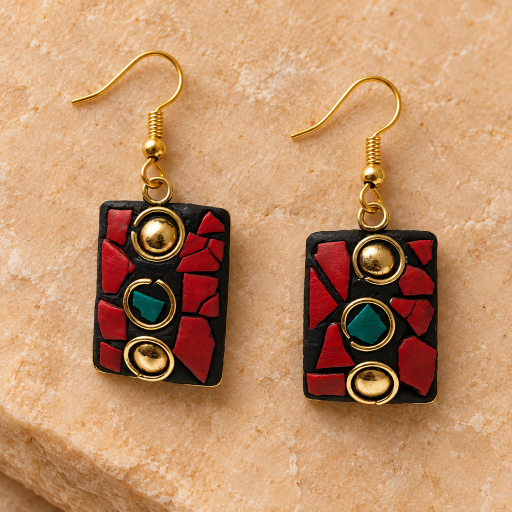 Ragini Red Mosaic Antique Rectangle Earrings | MyJhumki