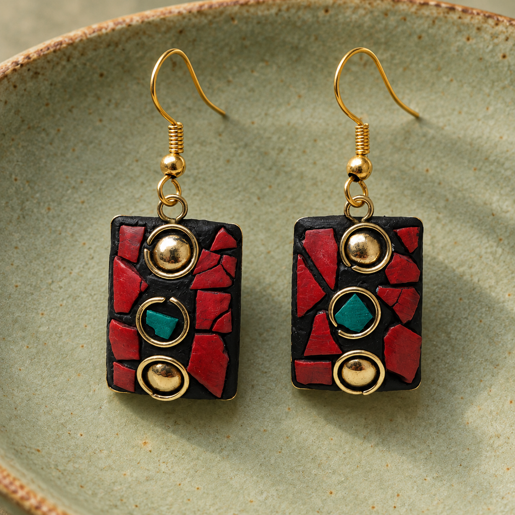 Ragini Red Mosaic Antique Rectangle Earrings | MyJhumki