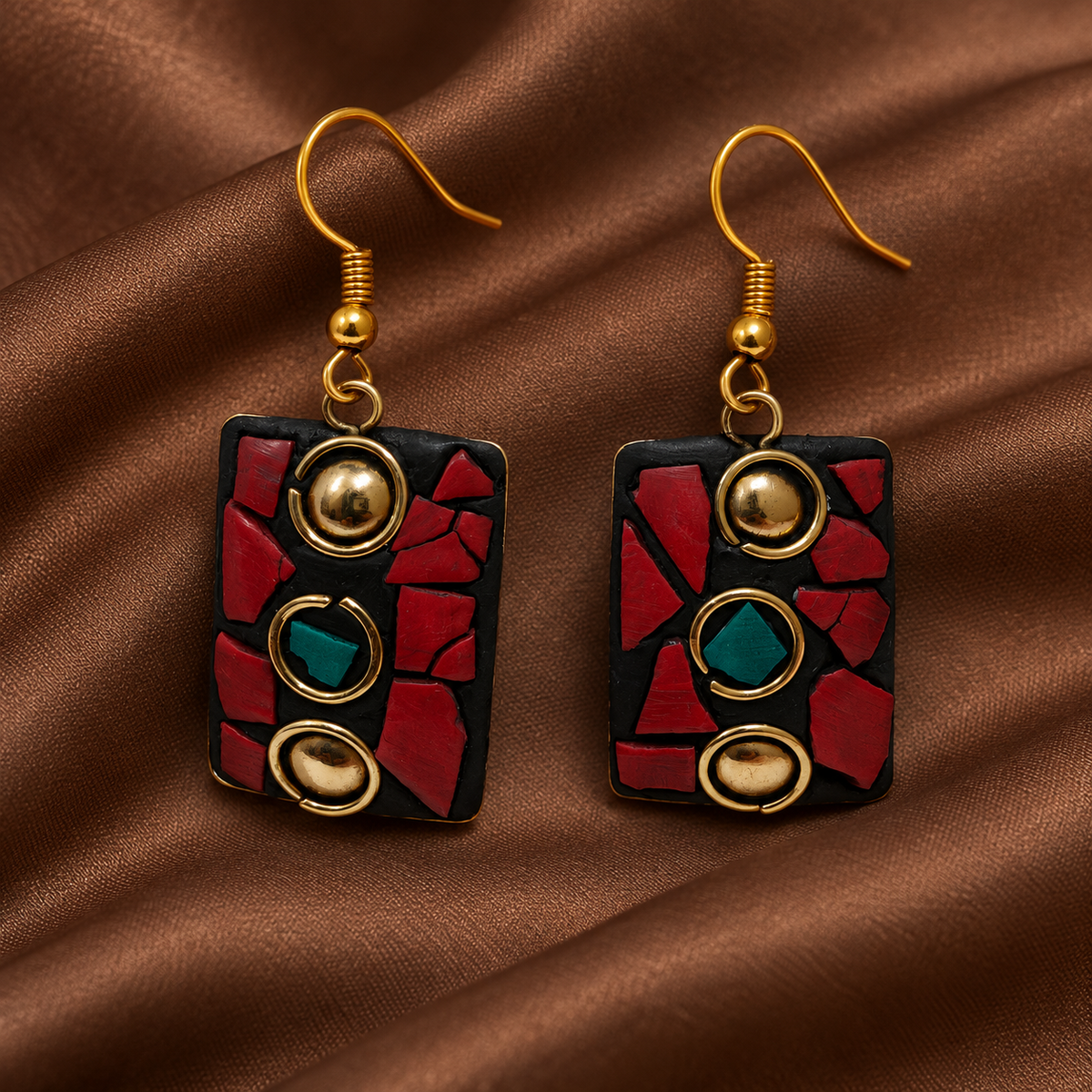 Ragini Red Mosaic Antique Rectangle Earrings | MyJhumki