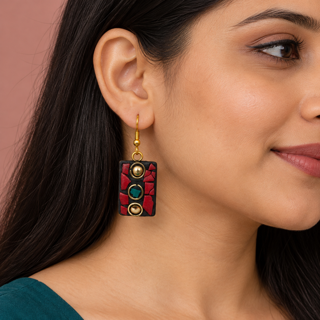 Ragini Red Mosaic Antique Rectangle Earrings | MyJhumki