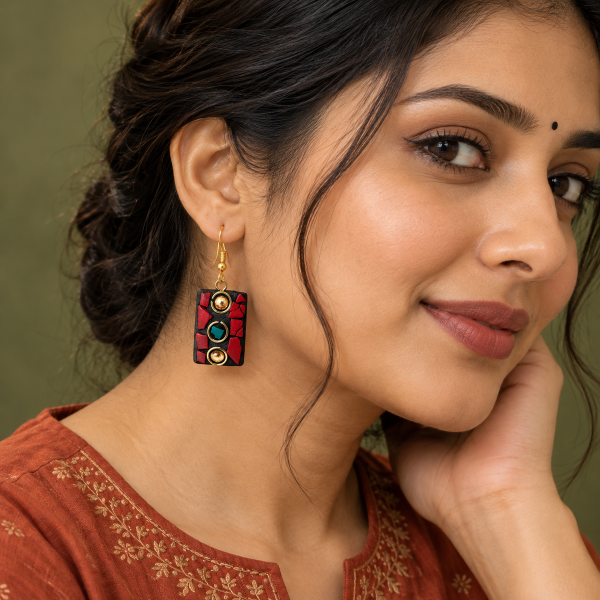 Ragini Red Mosaic Antique Rectangle Earrings | MyJhumki