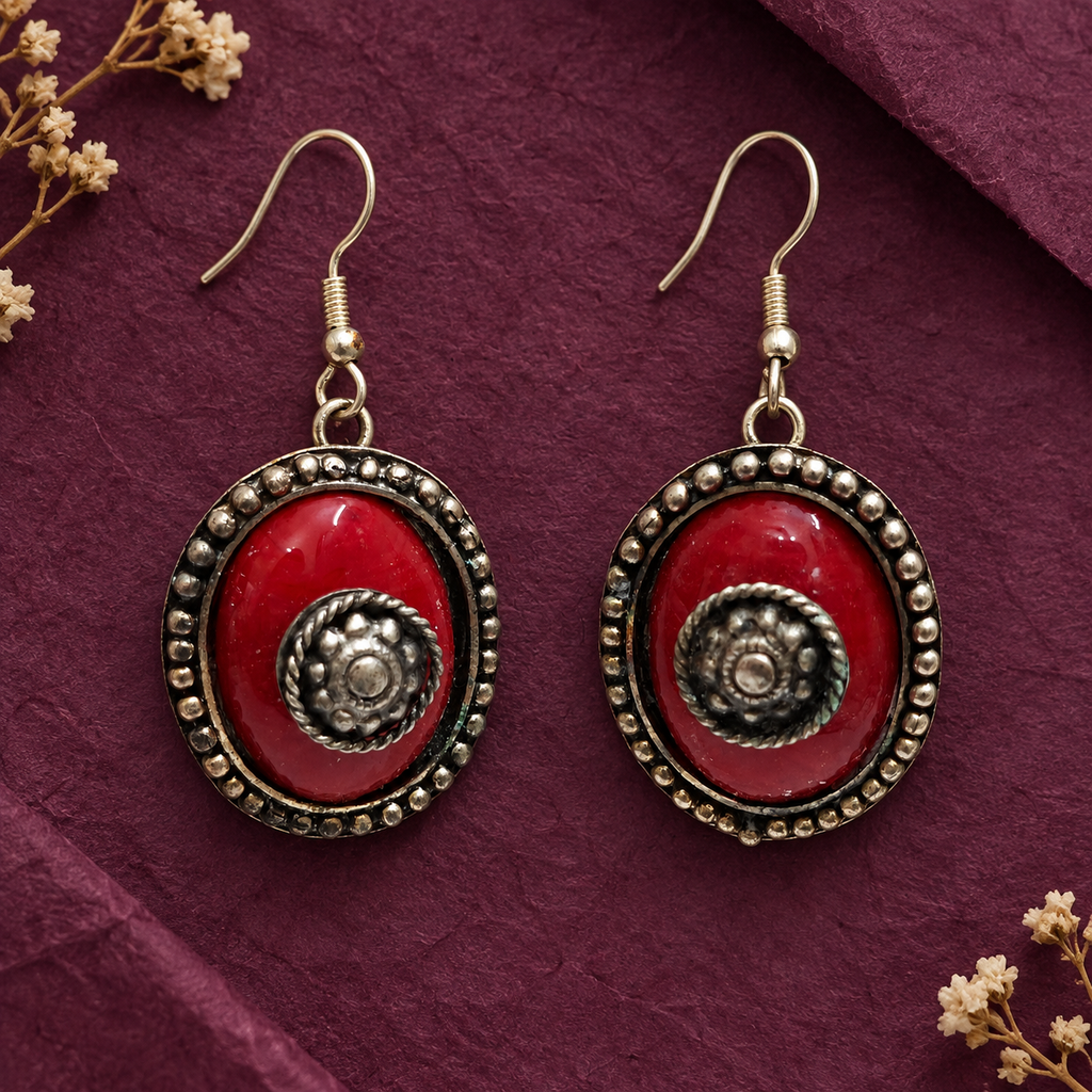 Raina Ruby Red Spiral Round Earrings | MyJhumki