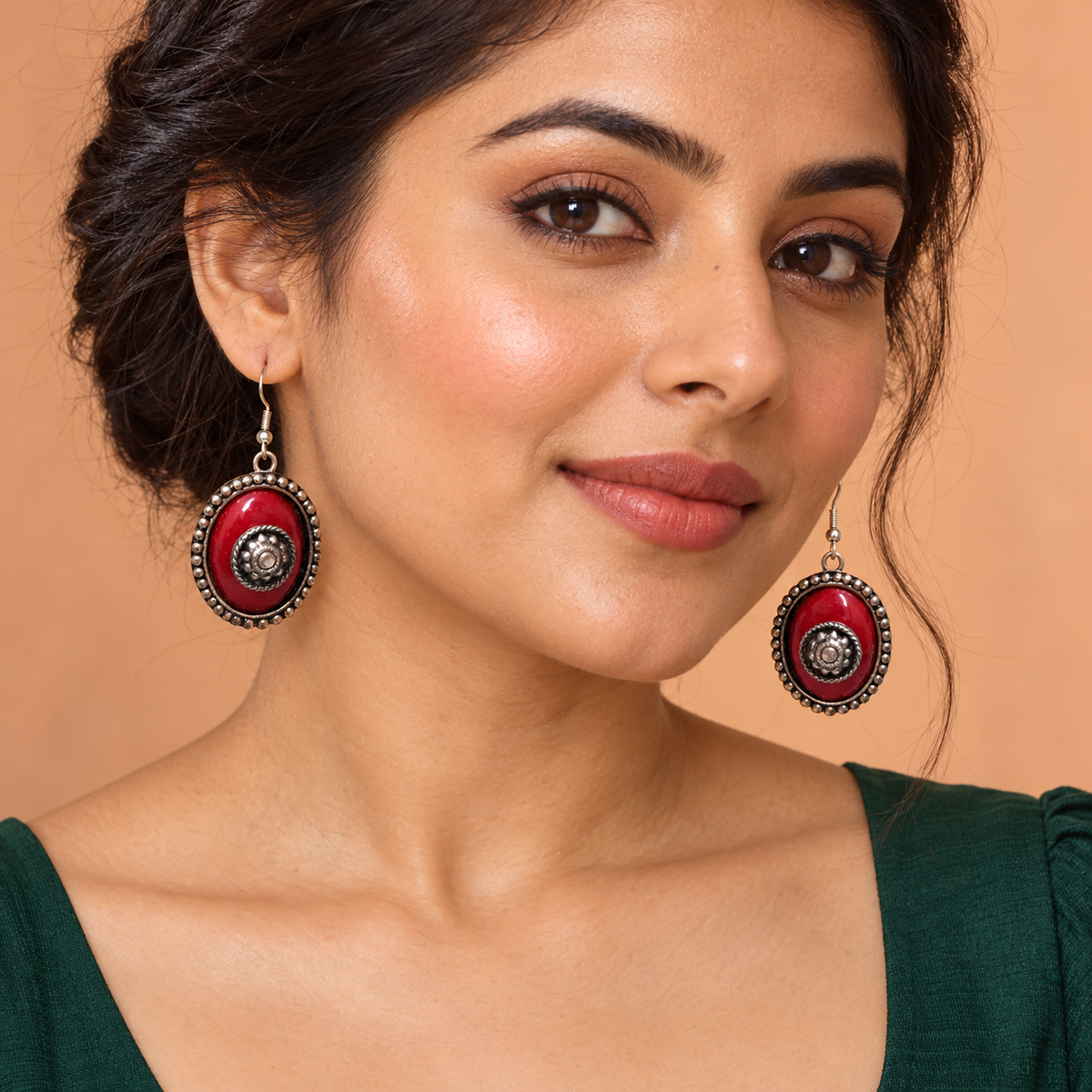 Raina Ruby Red Spiral Round Earrings | MyJhumki