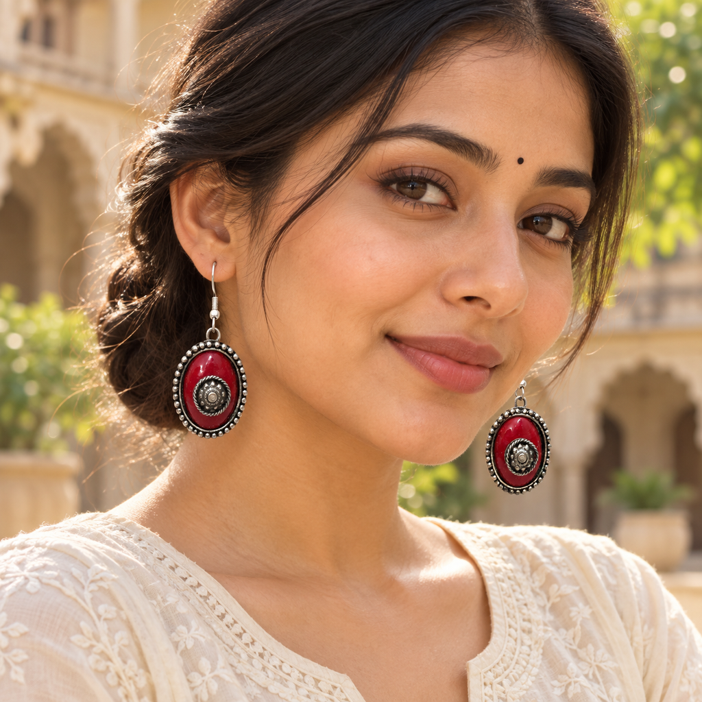 Raina Ruby Red Spiral Round Earrings | MyJhumki