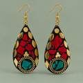 Raktara Red Teal Mosaic Teardrop Earrings | MyJhumki