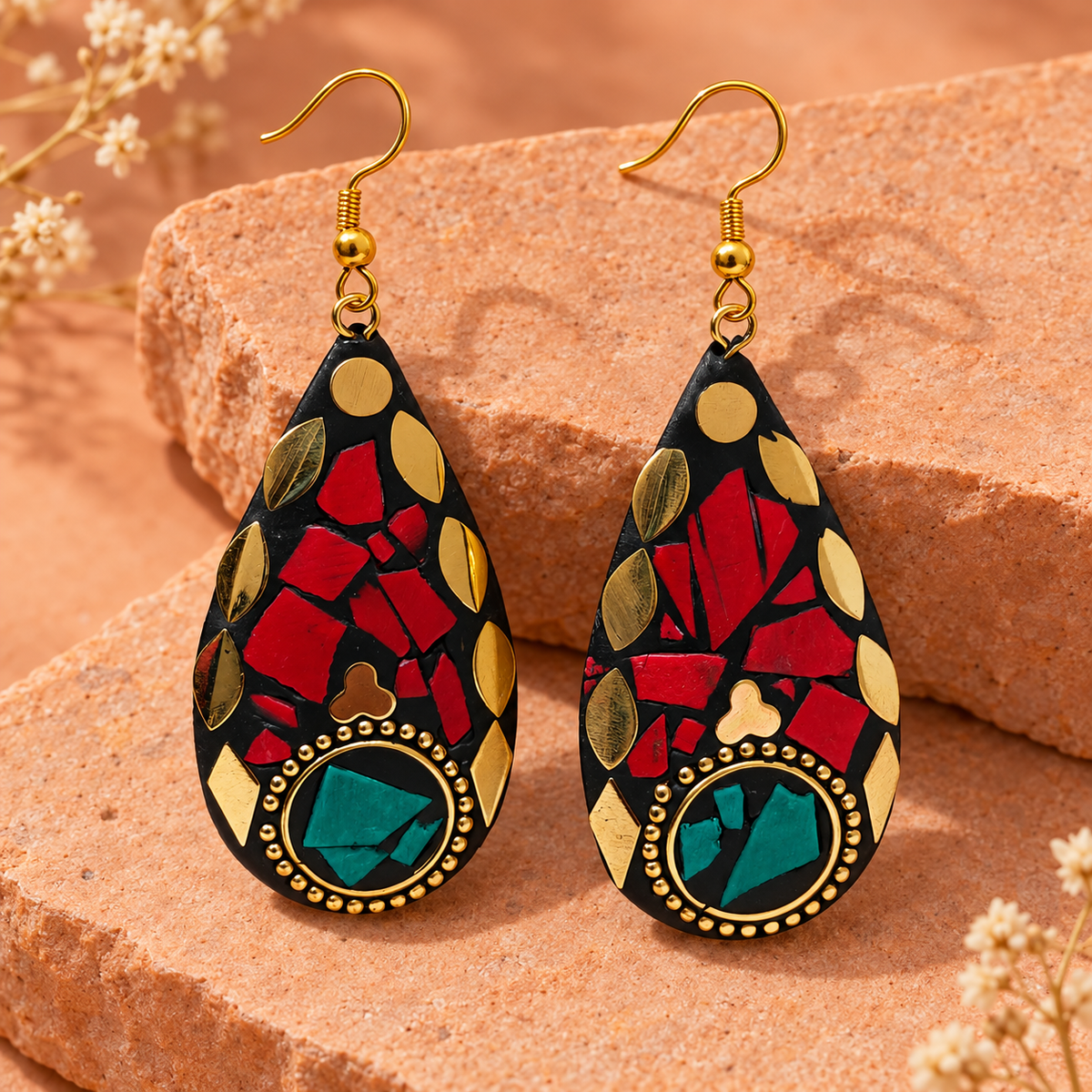 Raktara Red Teal Mosaic Teardrop Earrings | MyJhumki
