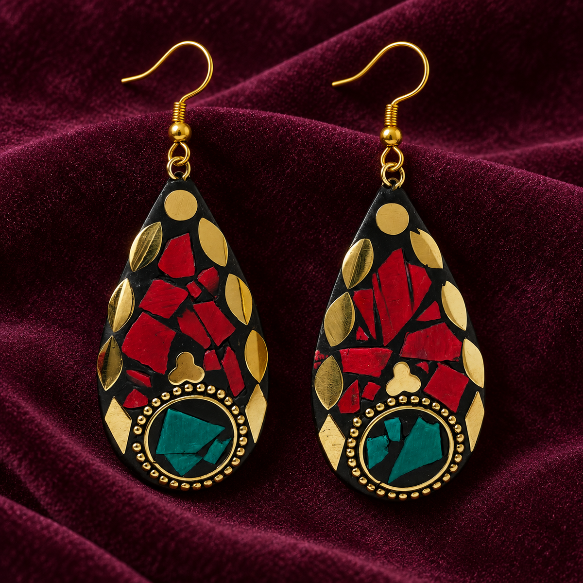 Raktara Red Teal Mosaic Teardrop Earrings | MyJhumki