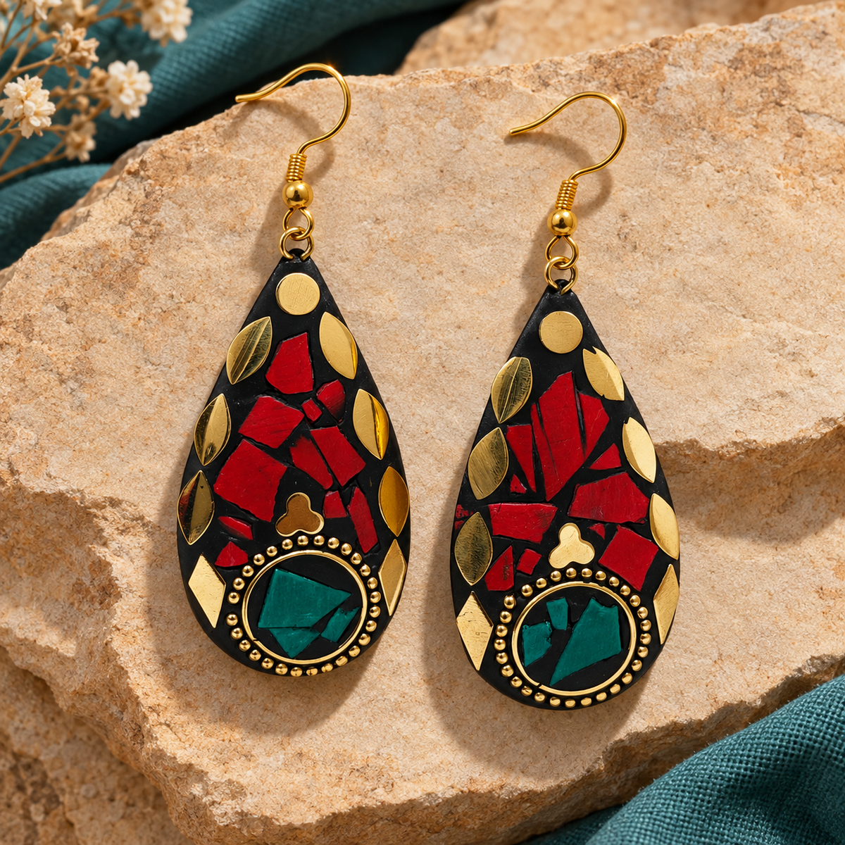 Raktara Red Teal Mosaic Teardrop Earrings | MyJhumki