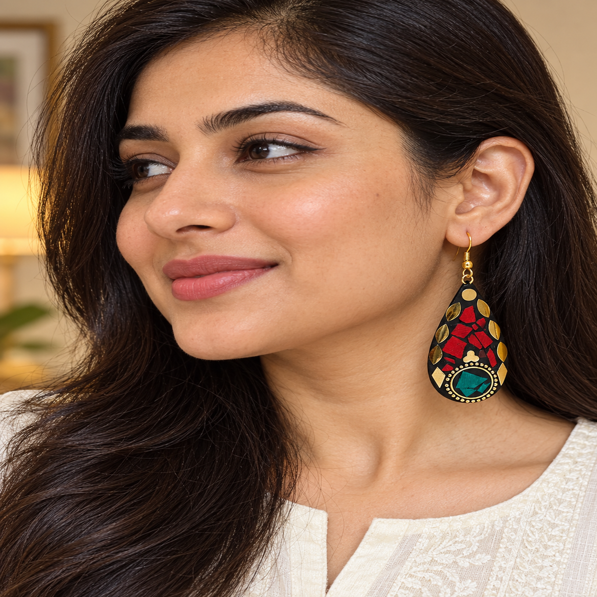 Raktara Red Teal Mosaic Teardrop Earrings | MyJhumki