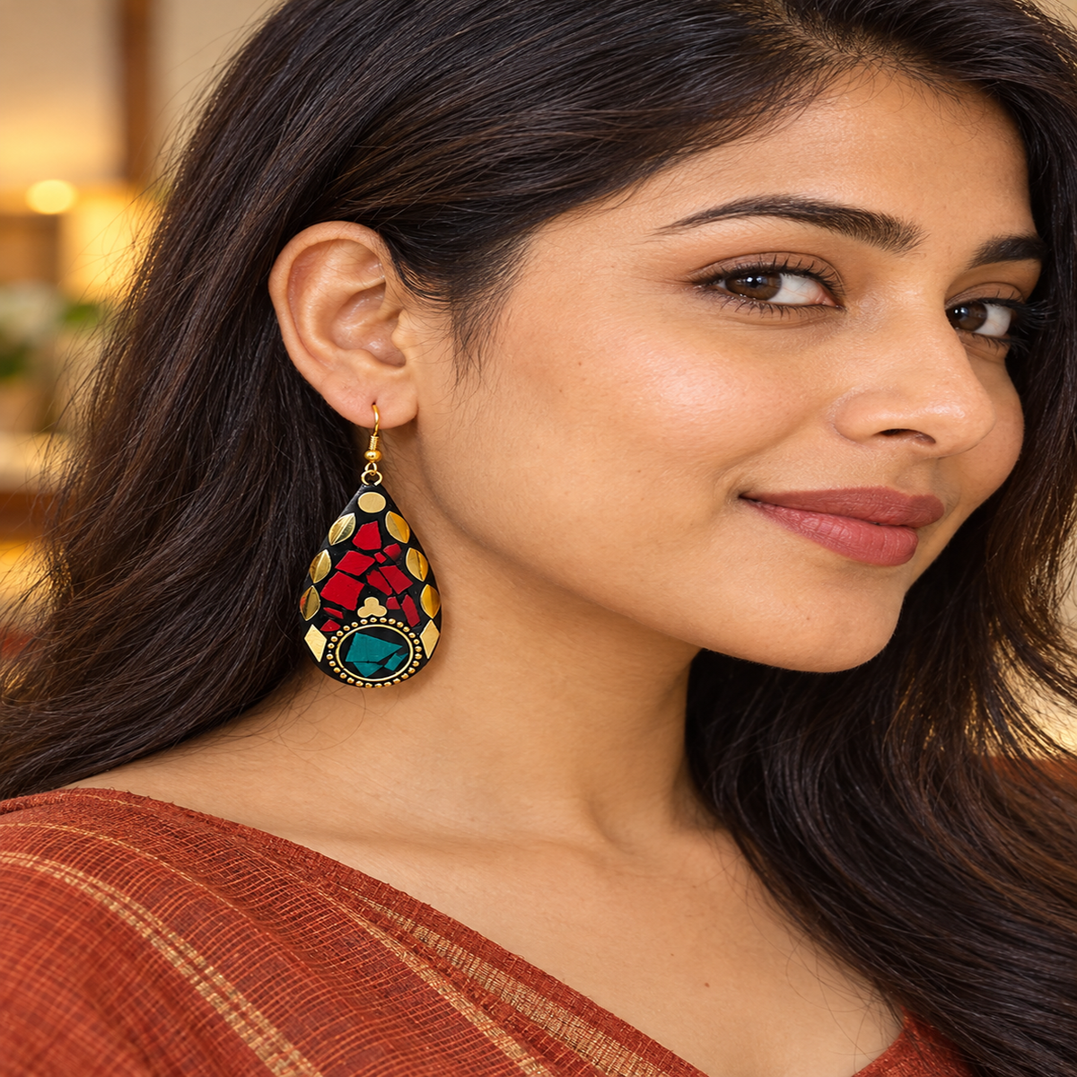 Raktara Red Teal Mosaic Teardrop Earrings | MyJhumki