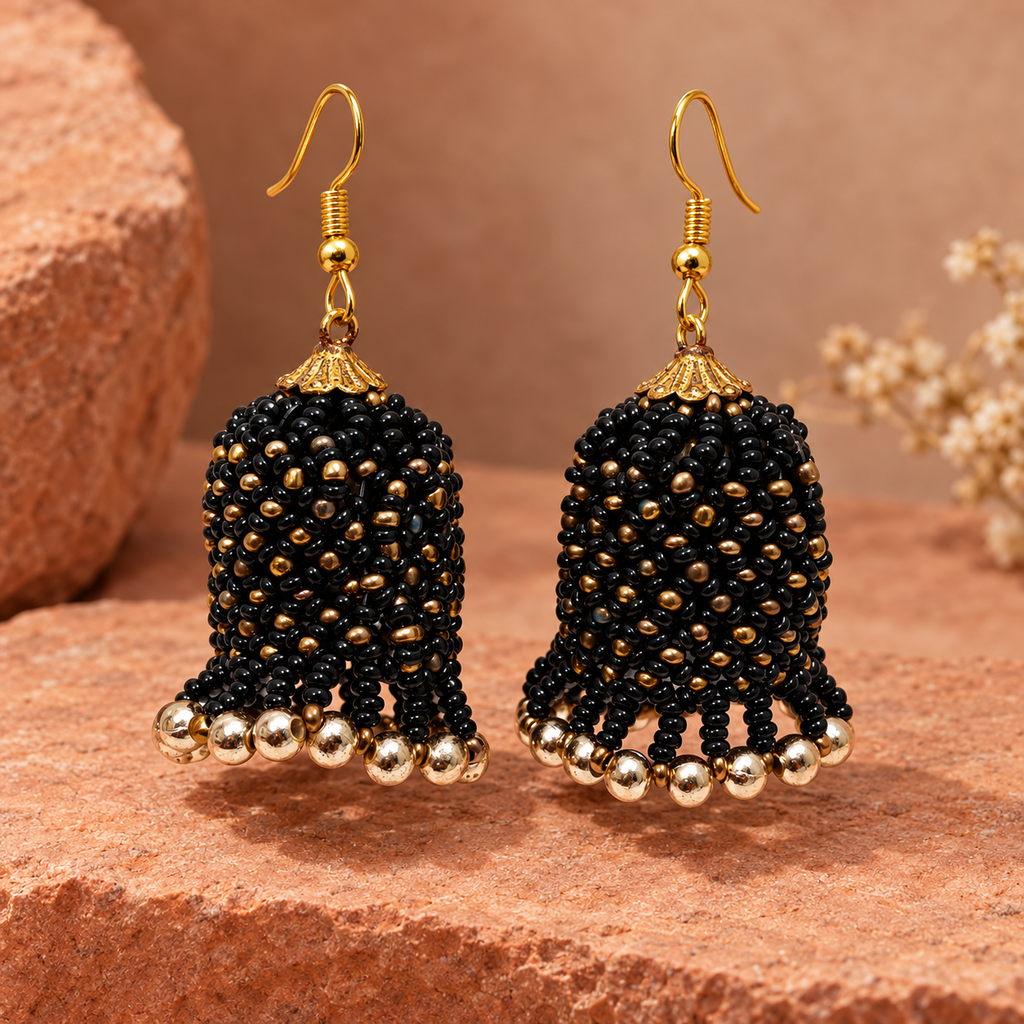 Rangbell Black Beaded Jhumka Earrings | MyJhumki