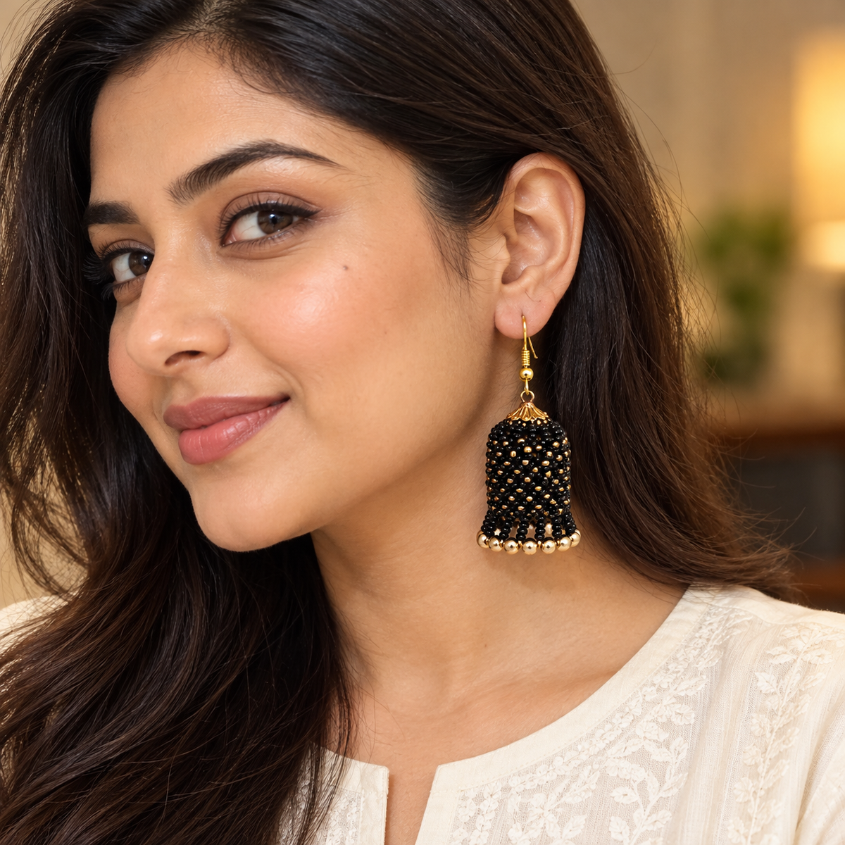 Rangbell Black Beaded Jhumka Earrings | MyJhumki