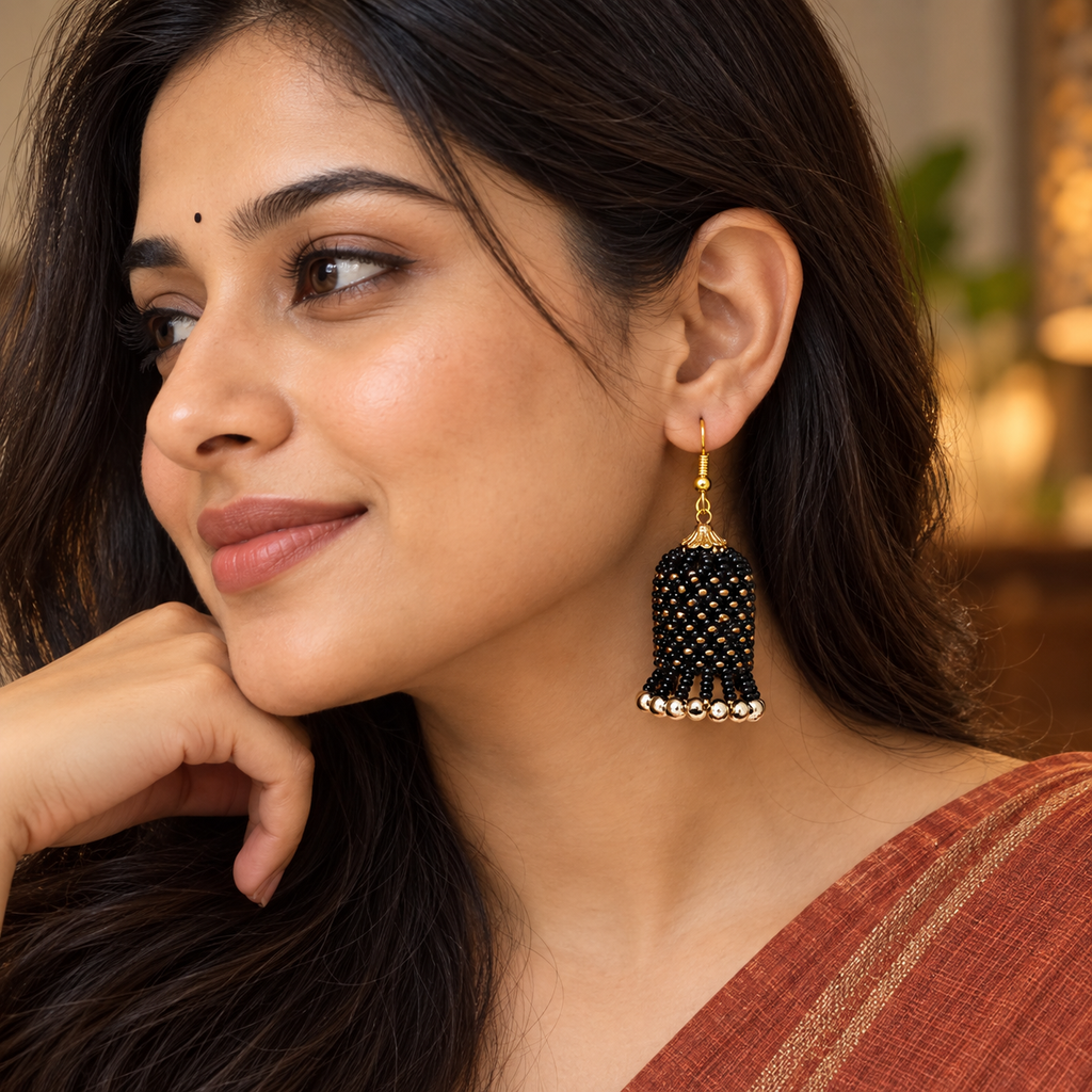 Rangbell Black Beaded Jhumka Earrings | MyJhumki