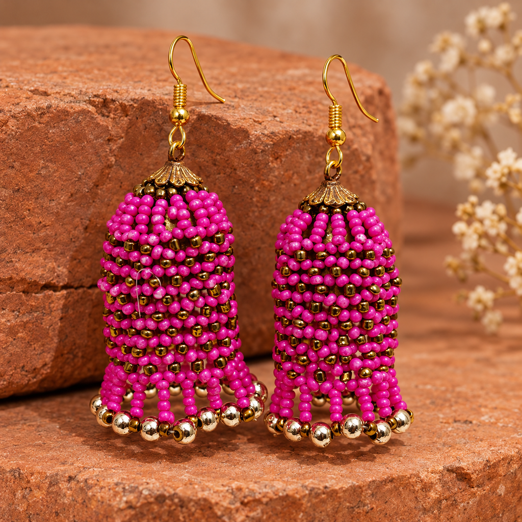 Rangbell Magenta Beaded Jhumka Earrings | MyJhumki