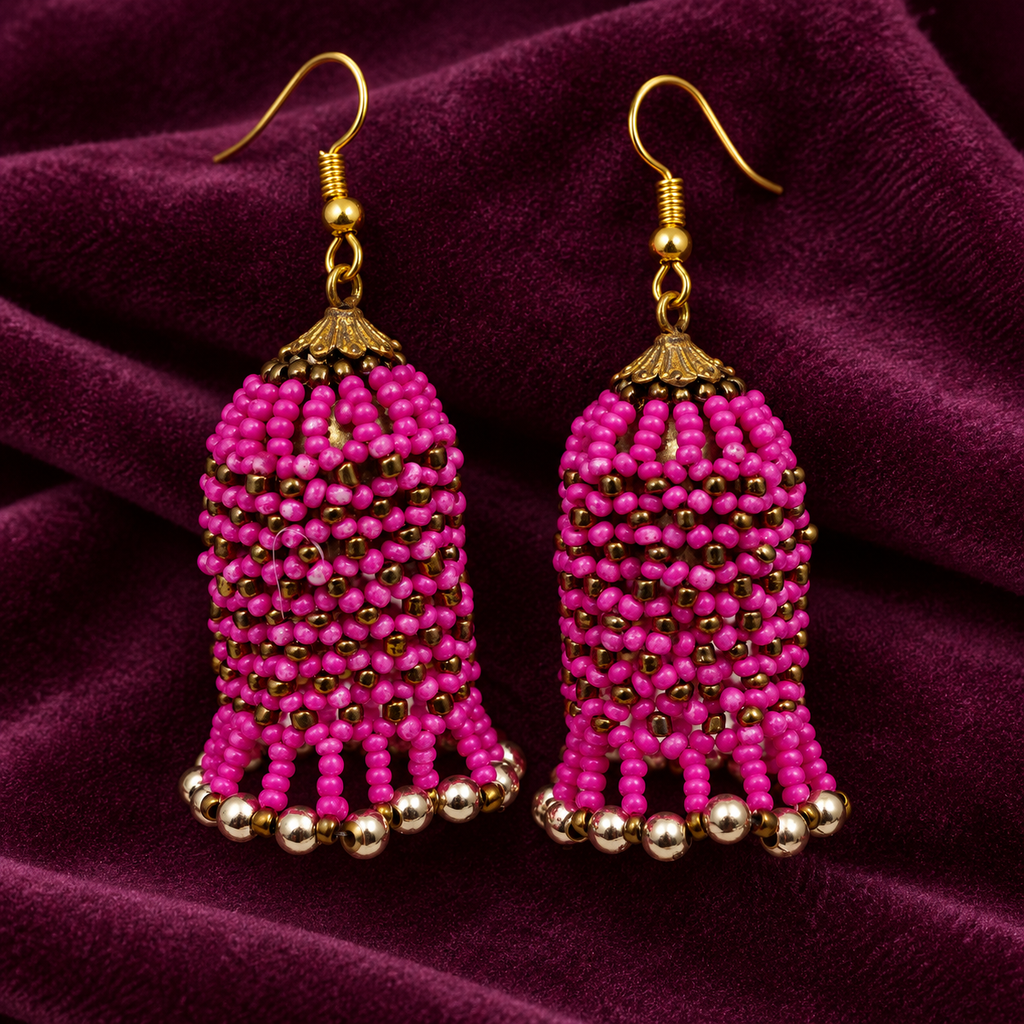 Rangbell Magenta Beaded Jhumka Earrings | MyJhumki