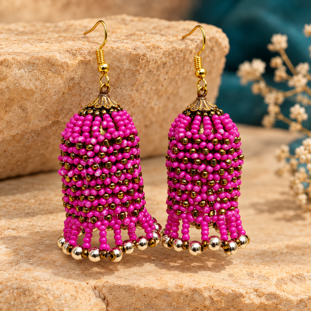 Rangbell Magenta Beaded Jhumka Earrings | MyJhumki