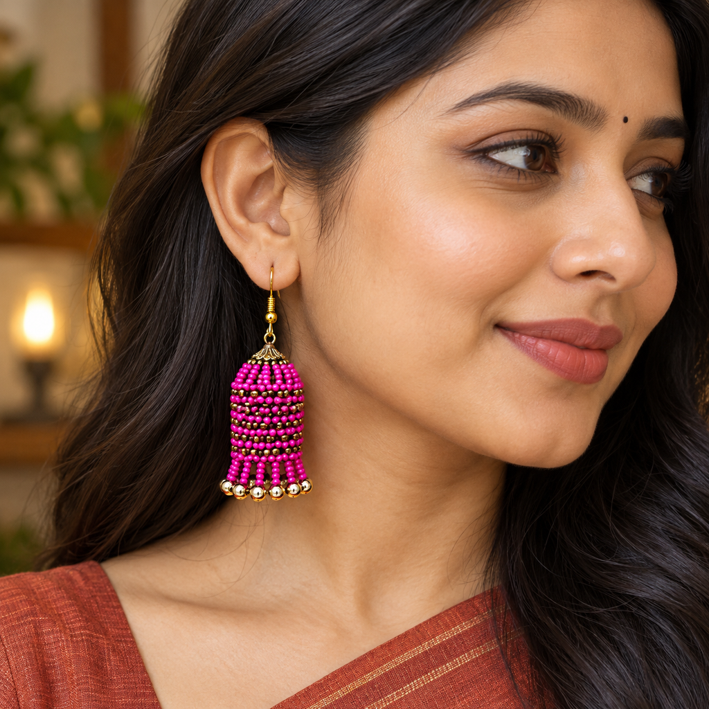 Rangbell Magenta Beaded Jhumka Earrings | MyJhumki