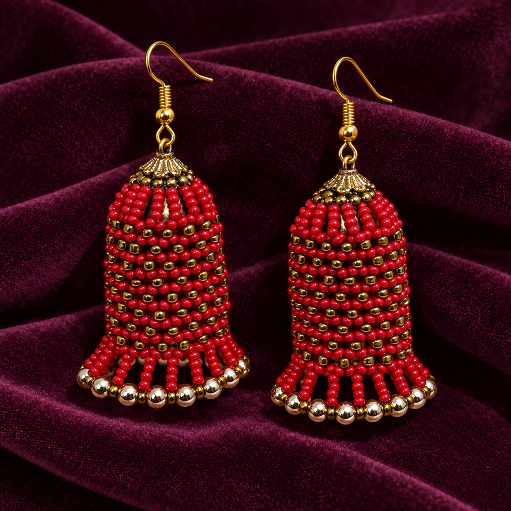 Rangbell Red Beaded Jhumka Earrings | MyJhumki