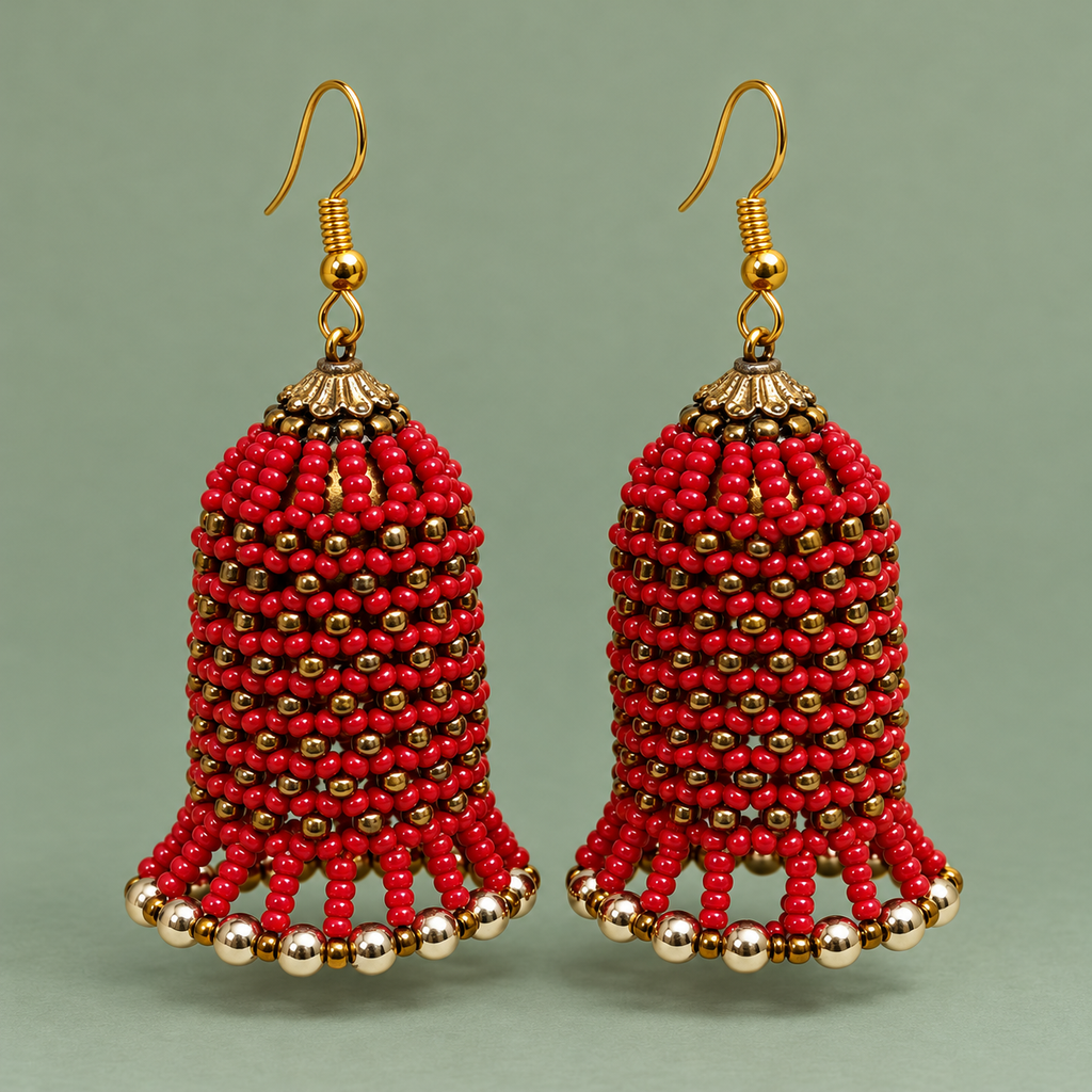 Rangbell Red Beaded Jhumka Earrings | MyJhumki