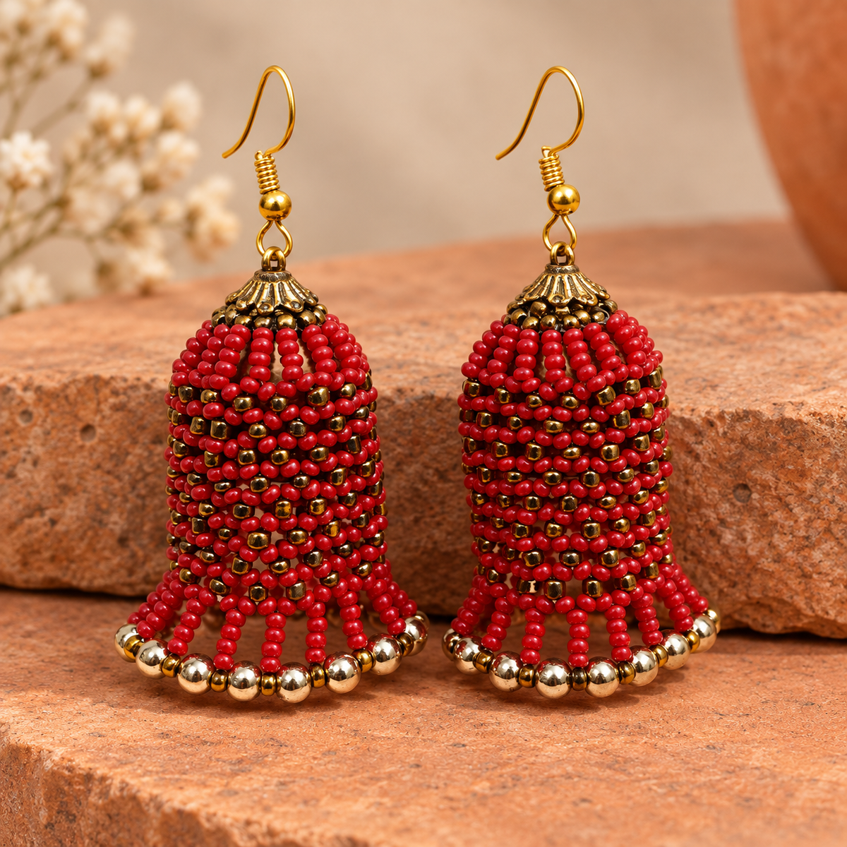 Rangbell Red Beaded Jhumka Earrings | MyJhumki