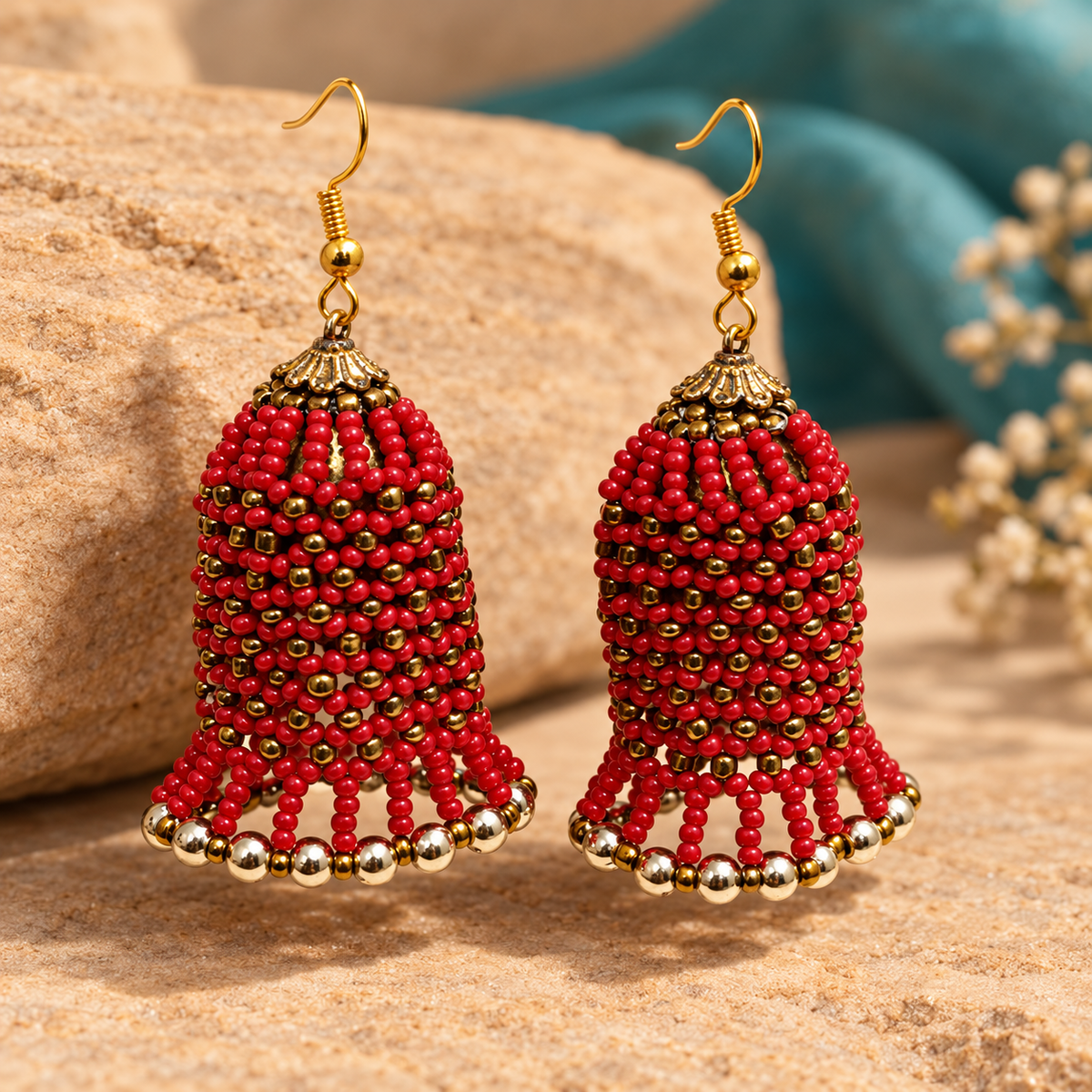 Rangbell Red Beaded Jhumka Earrings | MyJhumki