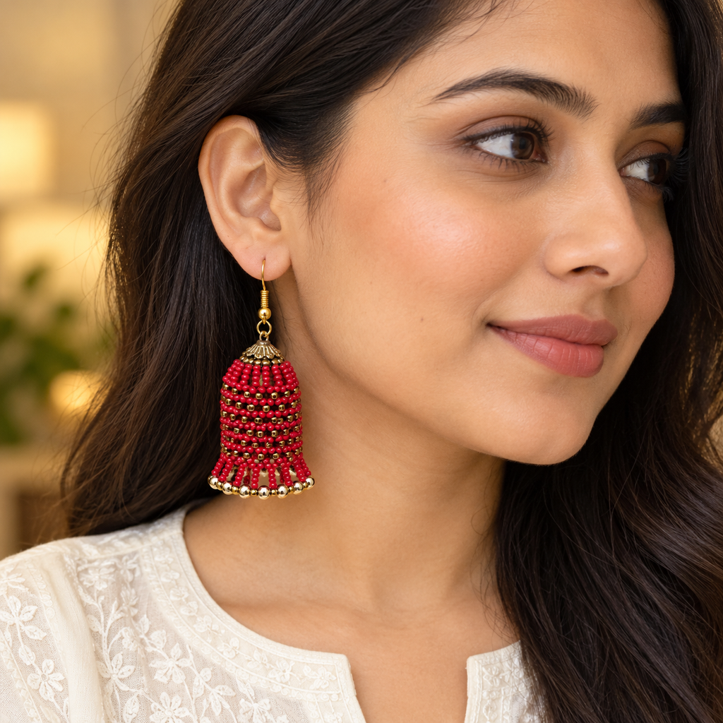 Rangbell Red Beaded Jhumka Earrings | MyJhumki