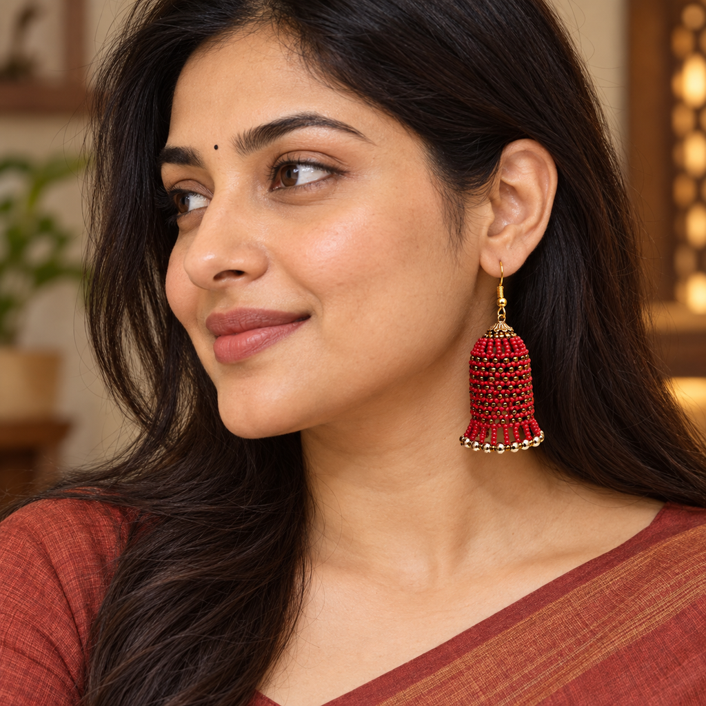 Rangbell Red Beaded Jhumka Earrings | MyJhumki