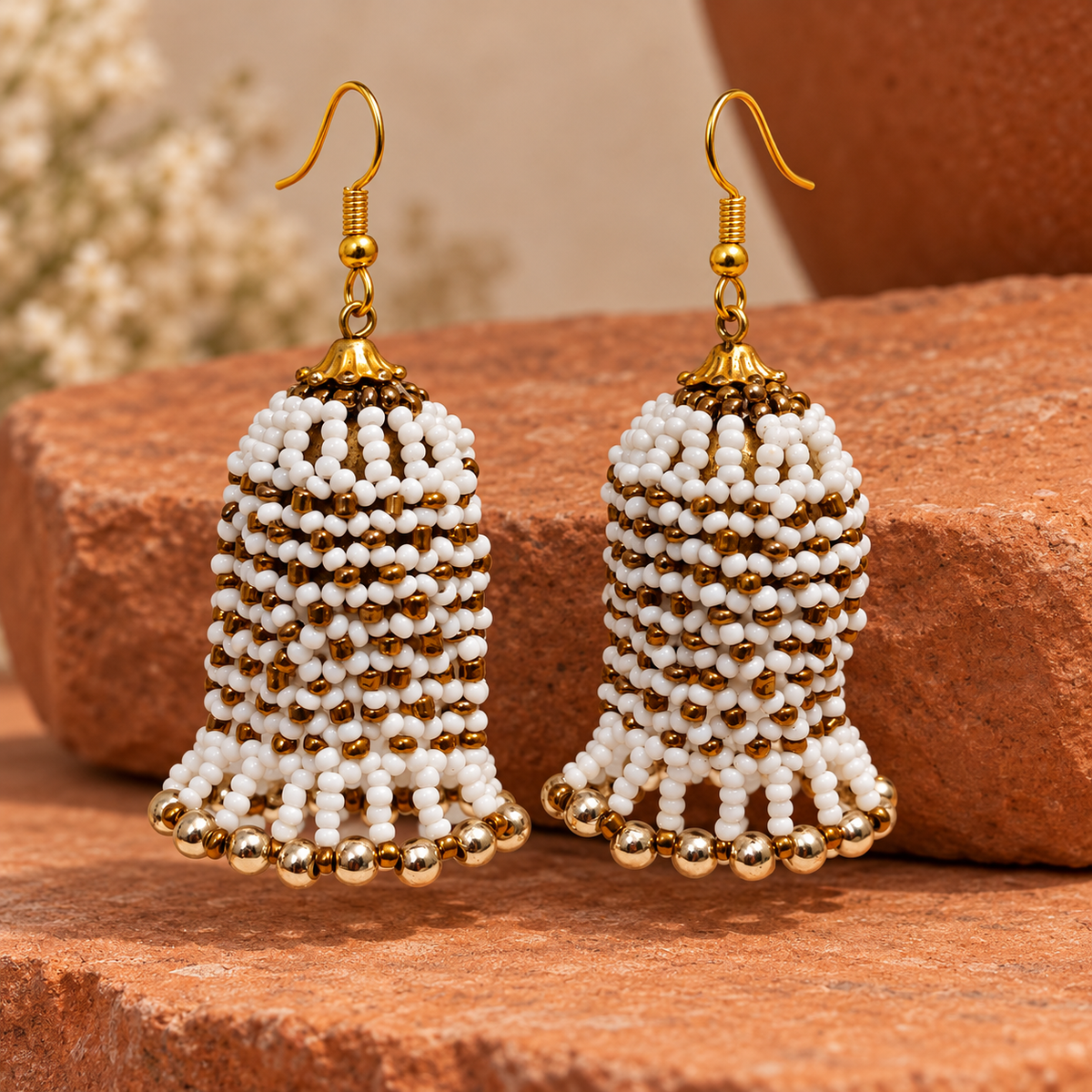 Rangbell White Beaded Jhumka Earrings | MyJhumki