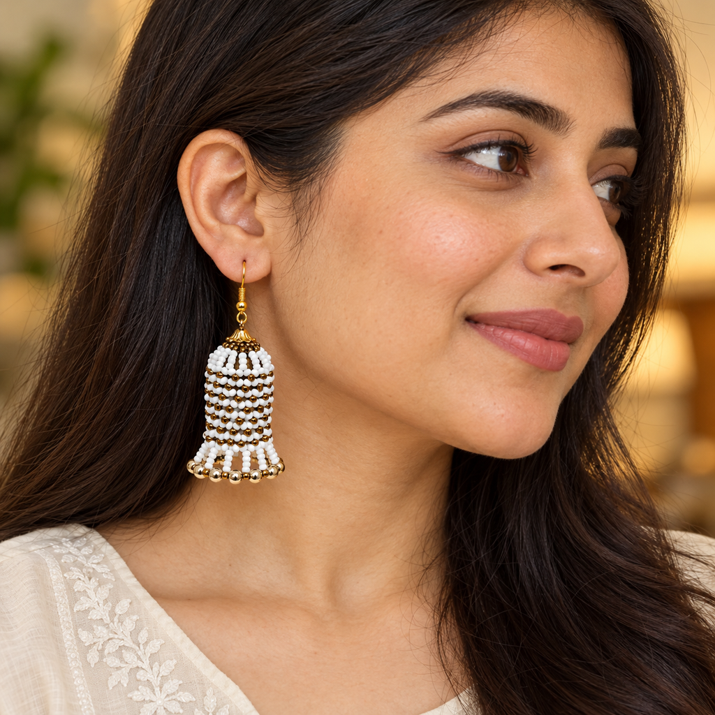 Rangbell White Beaded Jhumka Earrings | MyJhumki