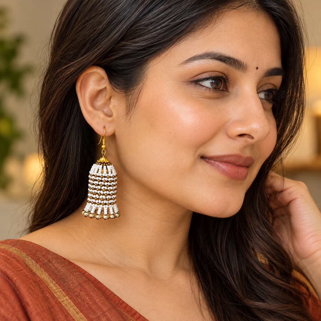 Rangbell White Beaded Jhumka Earrings | MyJhumki