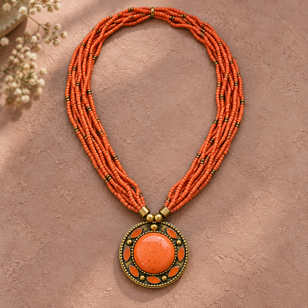 Rangini Orange Multistrand Pendant Necklace | MyJhumki