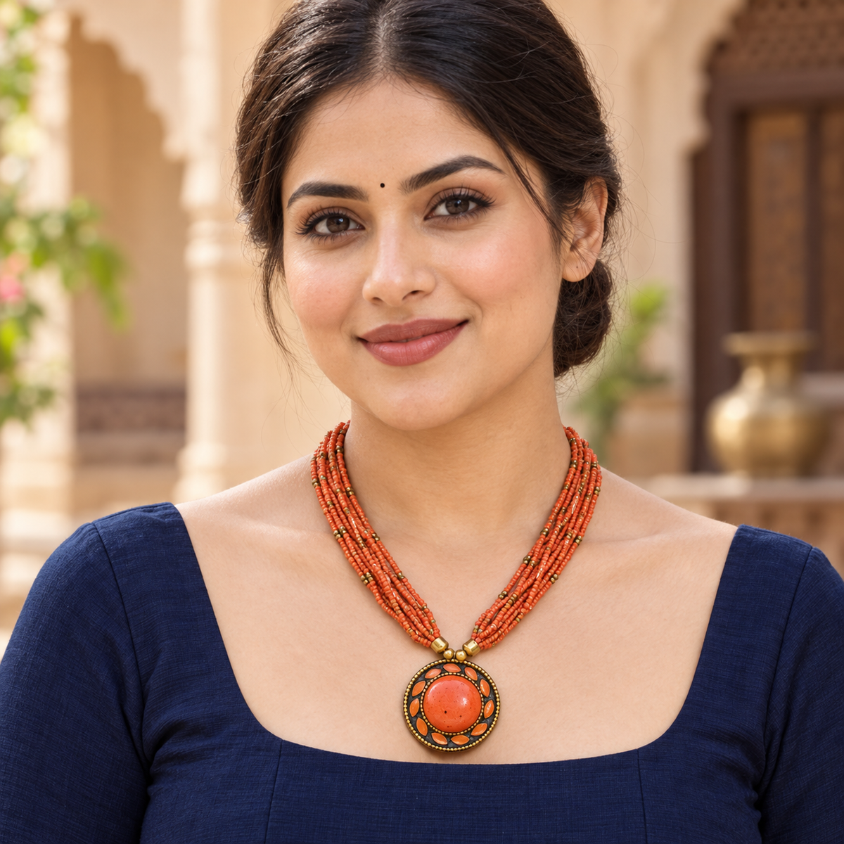 Rangini Orange Multistrand Pendant Necklace | MyJhumki