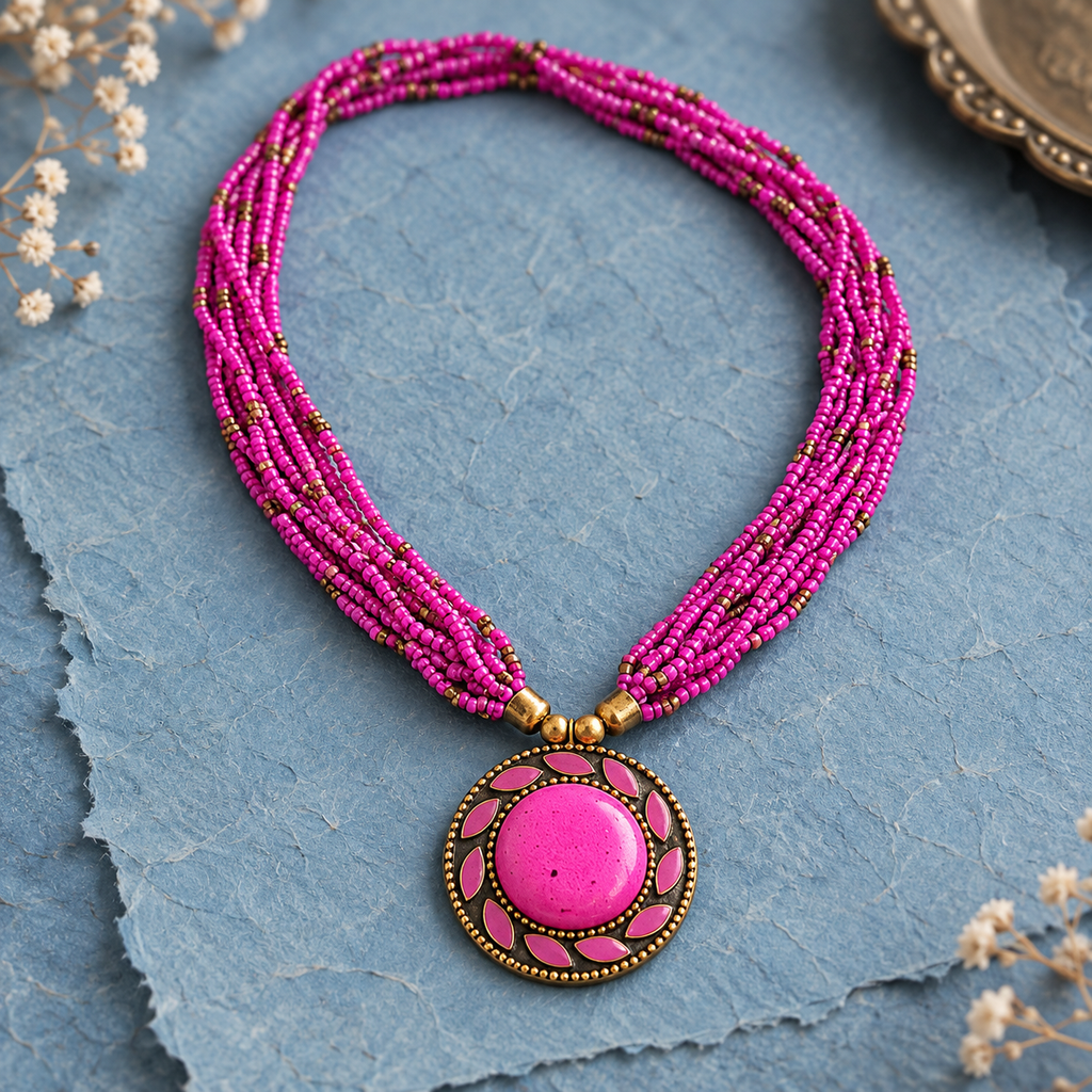 Rangini Pink Multistrand Pendant Necklace | MyJhumki