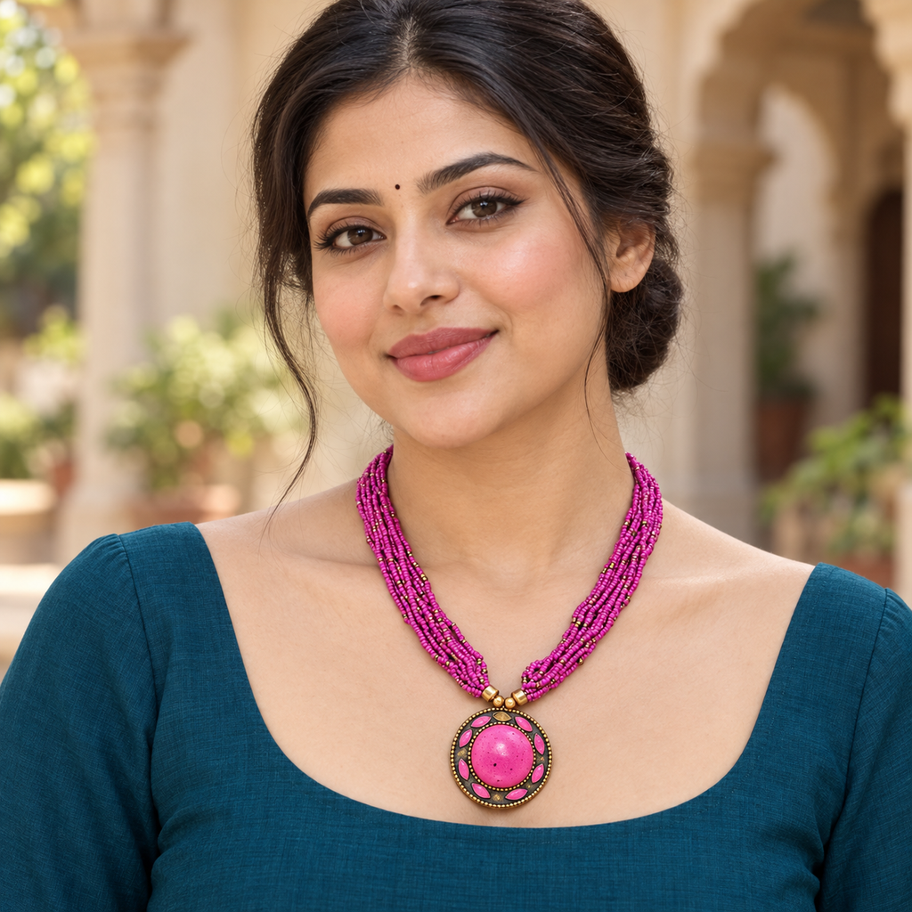 Rangini Pink Multistrand Pendant Necklace | MyJhumki