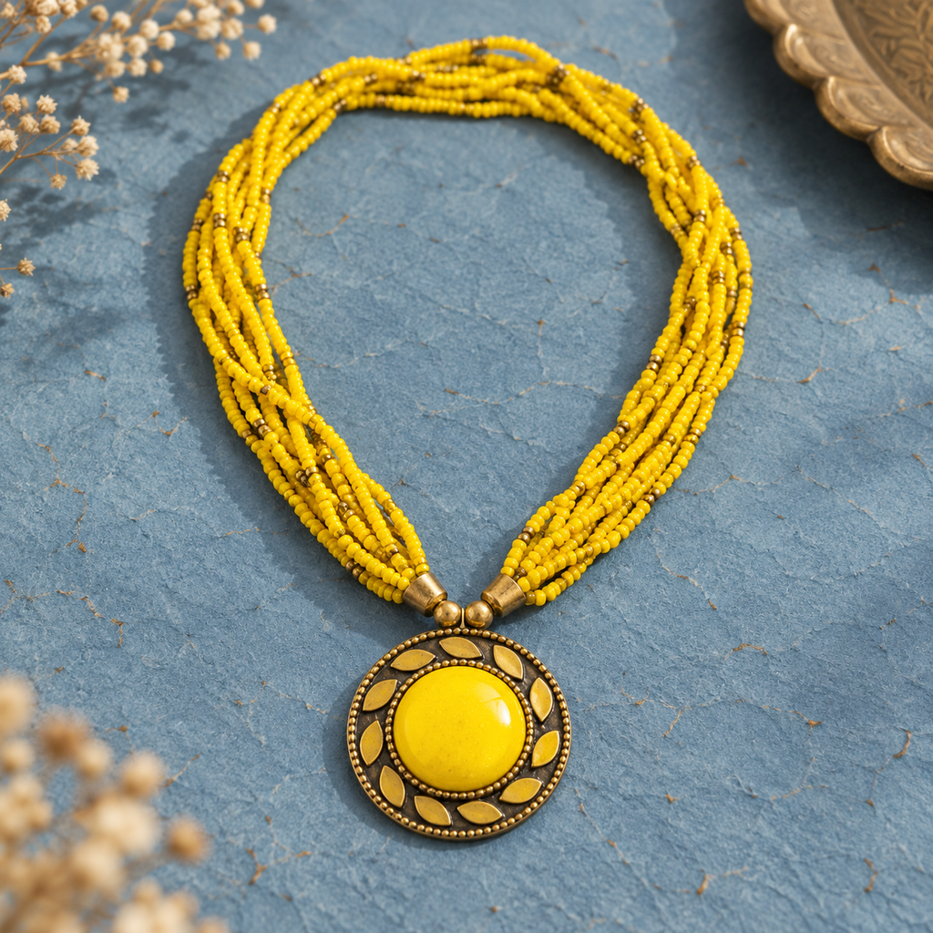 Rangini Yellow Multistrand Pendant Necklace | MyJhumki