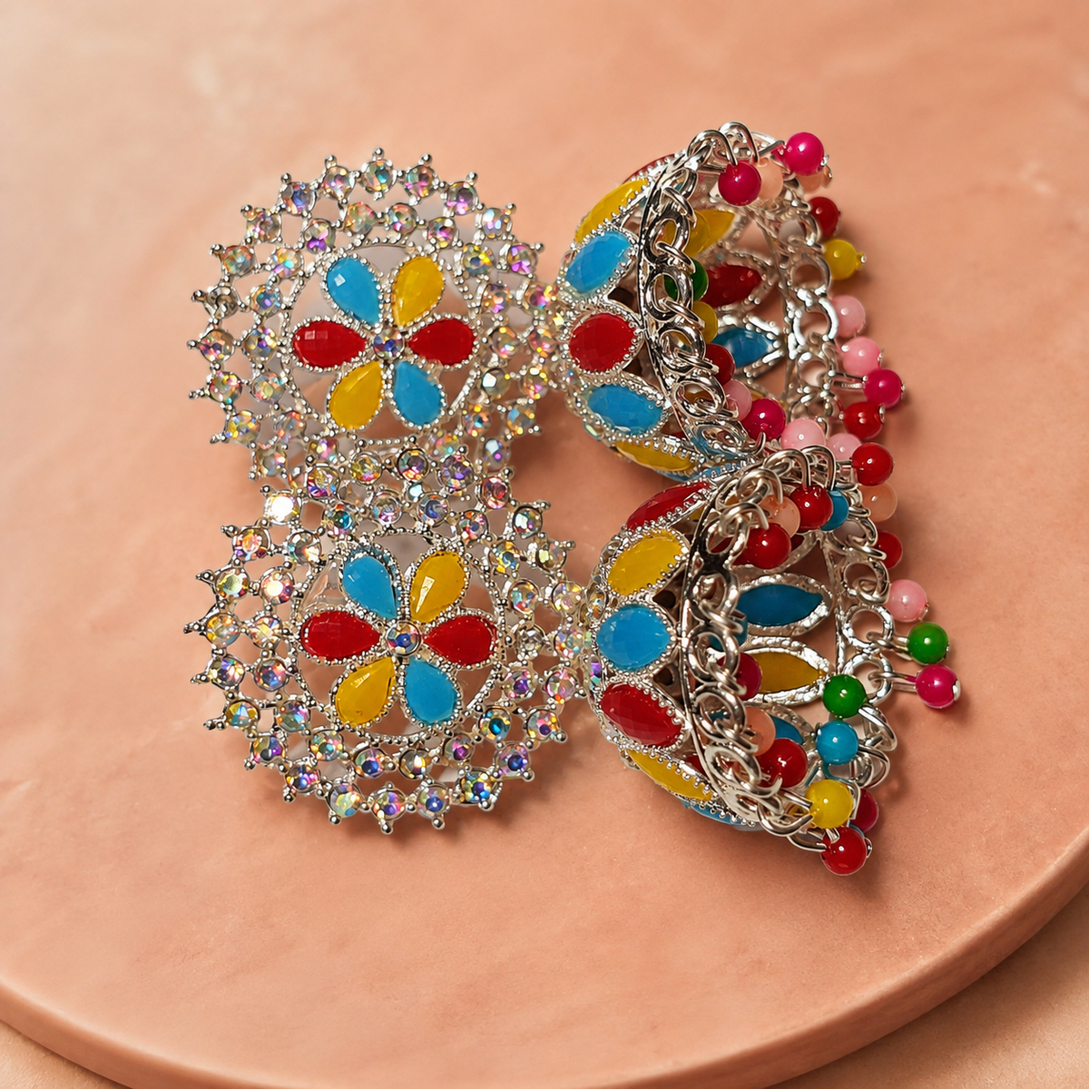 Rangoli Bloom Multicolour Jhumka Earrings – Silver-Tone Floral Design — close-up of the detailing