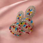 Rangoli Bloom Multicolour Jhumka Earrings – Silver-Tone Floral Design — angled view