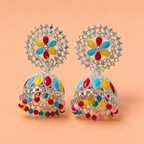 Rangoli Bloom Multicolour Jhumka Earrings – Silver-Tone Floral Design — front view