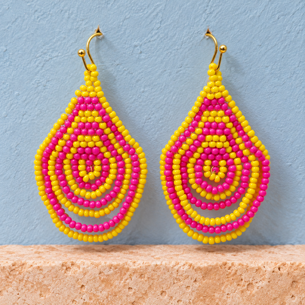 Rangoli Pink & Yellow Concentric Teardrop Earrings | MyJhumki