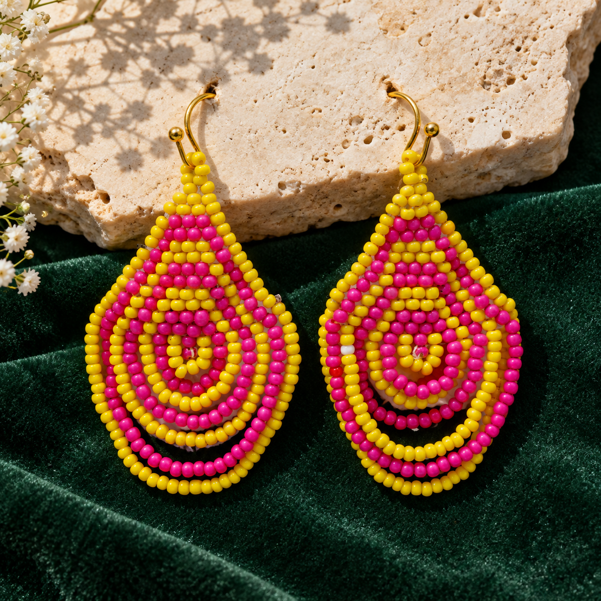 Rangoli Pink & Yellow Concentric Teardrop Earrings | MyJhumki