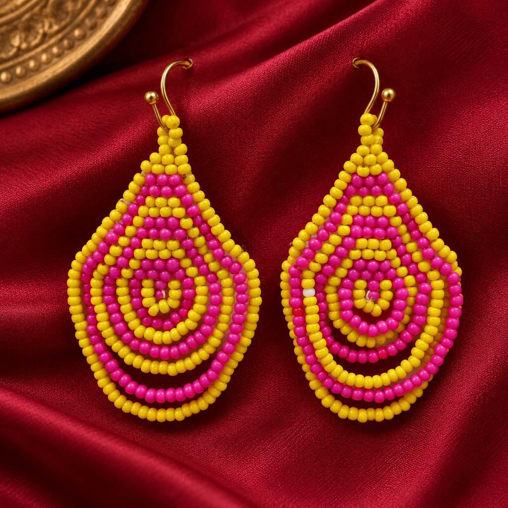 Rangoli Pink & Yellow Concentric Teardrop Earrings | MyJhumki