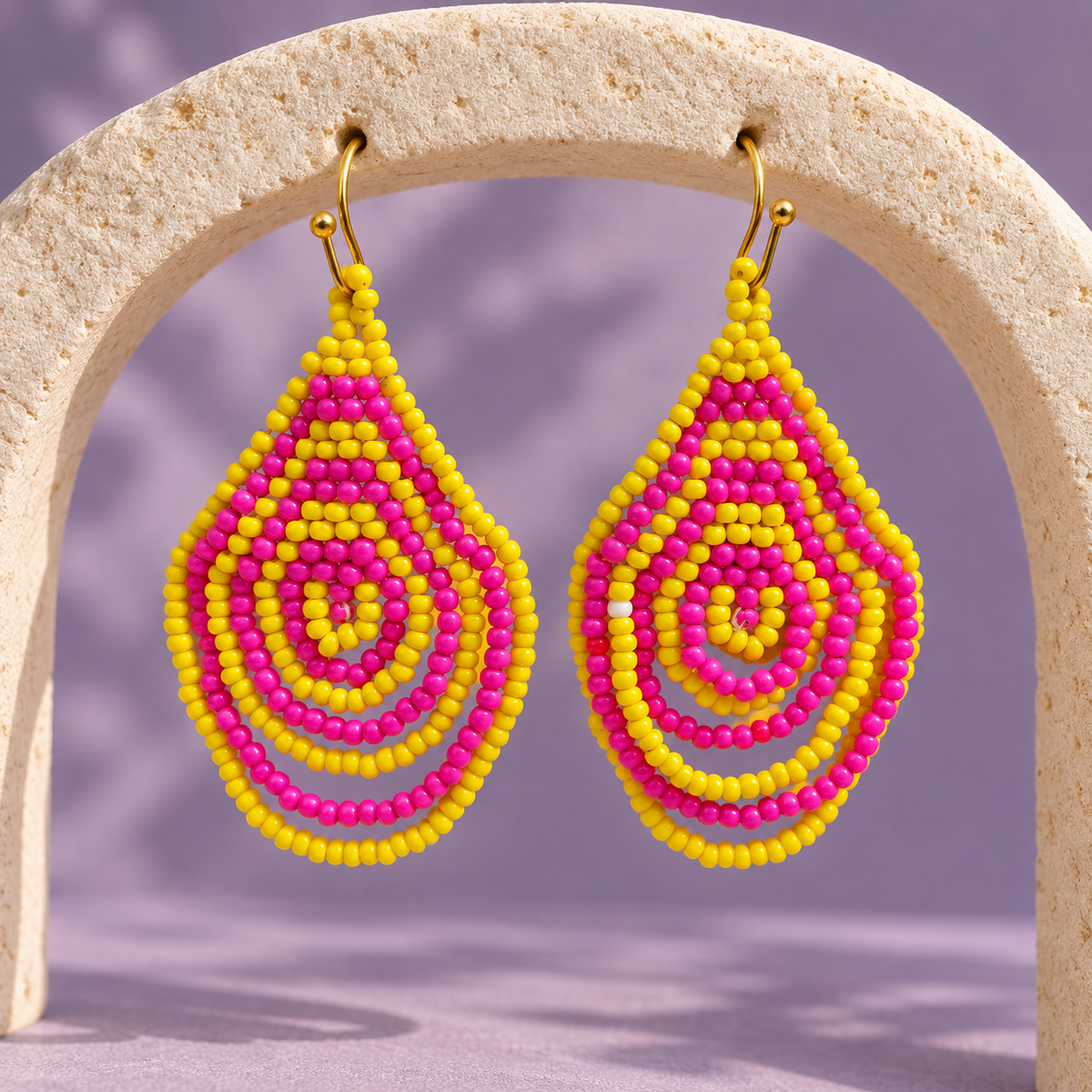 Rangoli Pink & Yellow Concentric Teardrop Earrings | MyJhumki