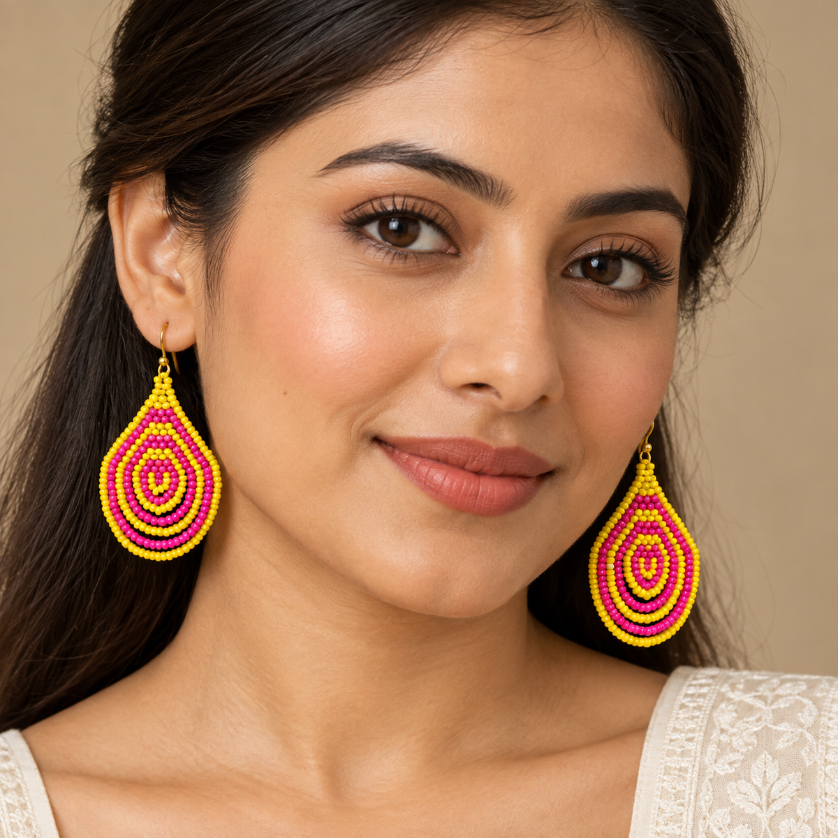Rangoli Pink & Yellow Concentric Teardrop Earrings | MyJhumki